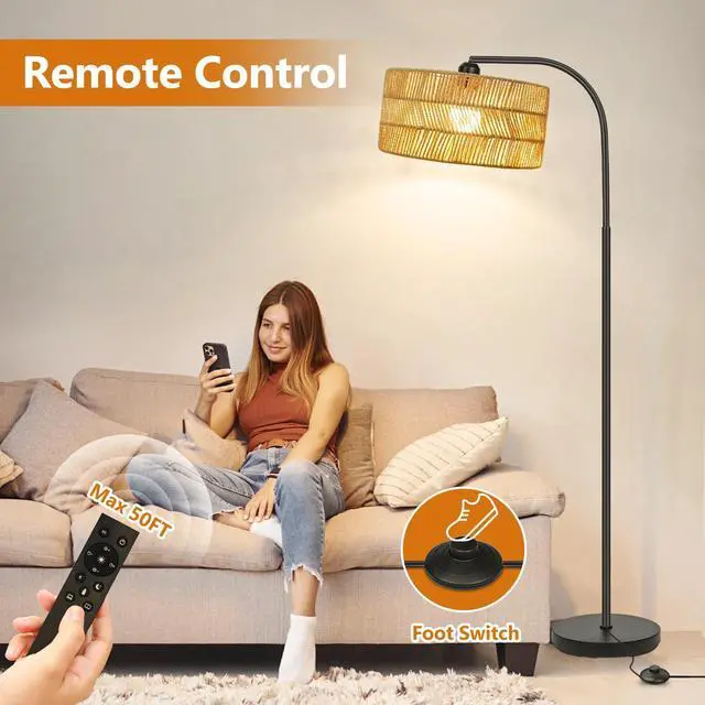 Alt view image 4 of 7 - Rattan Floor Lamp- Boho Floor Lamp for Living Room, Rattan Standing Lamps with Dimmable Bulb, Adjustable Rattan Lamp Shades Bohemian Over Couch Lamps for Bedroom, Office