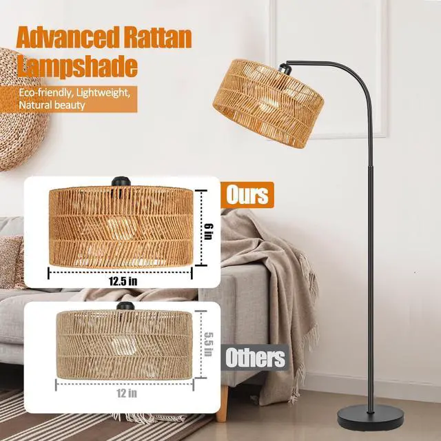 Alt view image 5 of 7 - Rattan Floor Lamp- Boho Floor Lamp for Living Room, Rattan Standing Lamps with Dimmable Bulb, Adjustable Rattan Lamp Shades Bohemian Over Couch Lamps for Bedroom, Office