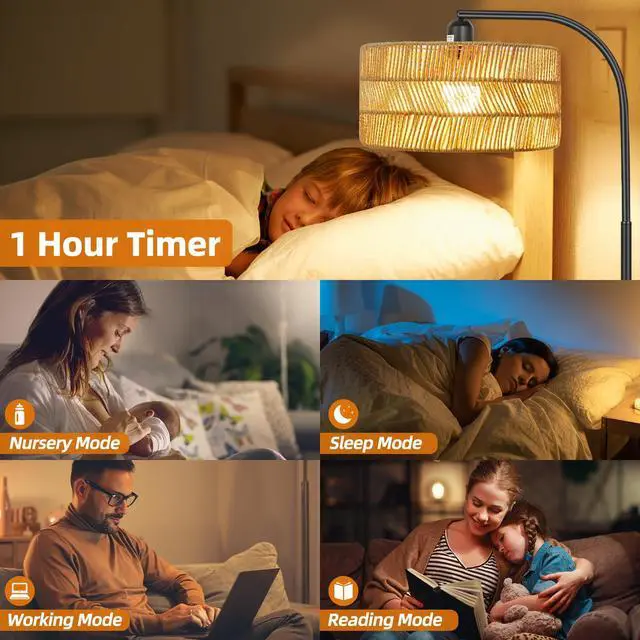 Alt view image 6 of 7 - Rattan Floor Lamp- Boho Floor Lamp for Living Room, Rattan Standing Lamps with Dimmable Bulb, Adjustable Rattan Lamp Shades Bohemian Over Couch Lamps for Bedroom, Office