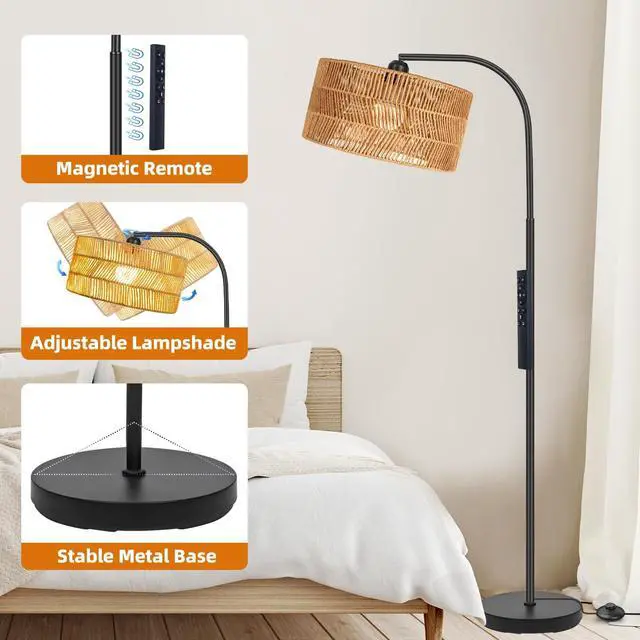 Alt view image 7 of 7 - Rattan Floor Lamp- Boho Floor Lamp for Living Room, Rattan Standing Lamps with Dimmable Bulb, Adjustable Rattan Lamp Shades Bohemian Over Couch Lamps for Bedroom, Office