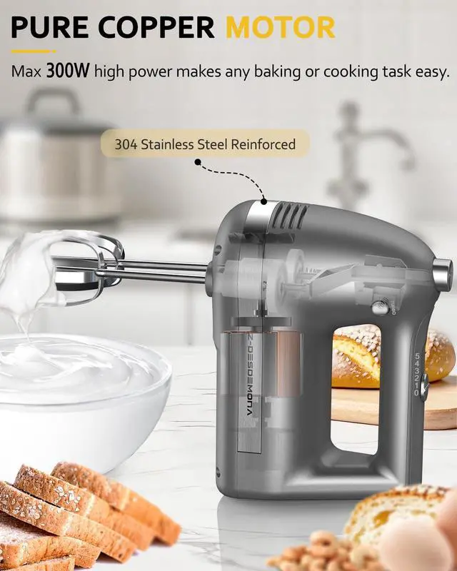 Alt view image 3 of 7 - Electric Hand Mixer, Powerful Hand Mixer Electric Handheld with 304 Beaters, Dough Hook,Hand Held Mixer with Turbo for Baking Cakes, Eggs, Cream Food(Grey)