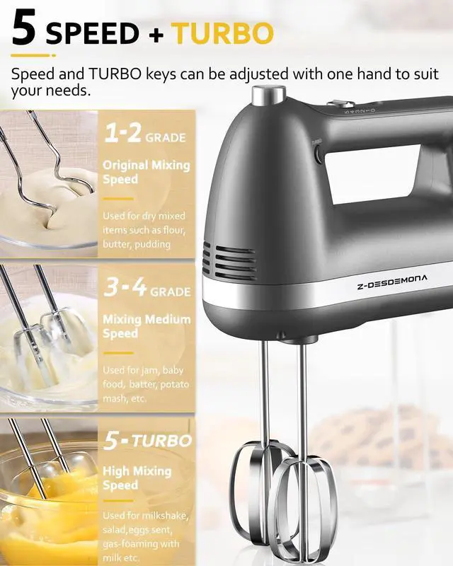 Alt view image 4 of 7 - Electric Hand Mixer, Powerful Hand Mixer Electric Handheld with 304 Beaters, Dough Hook,Hand Held Mixer with Turbo for Baking Cakes, Eggs, Cream Food(Grey)
