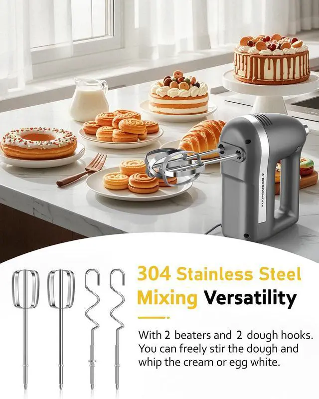 Alt view image 6 of 7 - Electric Hand Mixer, Powerful Hand Mixer Electric Handheld with 304 Beaters, Dough Hook,Hand Held Mixer with Turbo for Baking Cakes, Eggs, Cream Food(Grey)