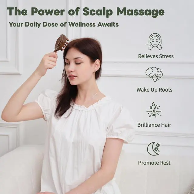 Alt view image 4 of 7 - Wooden Scalp Massager & Cushion Hair Brush Gift Set Manual Head Massage Brush with Rounded Tips, Gentle Scalp Stimulation & Daily Hair Care Gift-Ready Self-Care Set