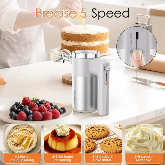 Alt view image 3 of 7 - Powerful 600W Hand Mixer, 5-Speed Electric Hand Held Mixer for Baking, Lightweight Stainless Steel Hand Beaters *2 & Dough Hooks*2 with Eject Button, Kitchen Mixer for Cream, Cookies, Dough-Grey