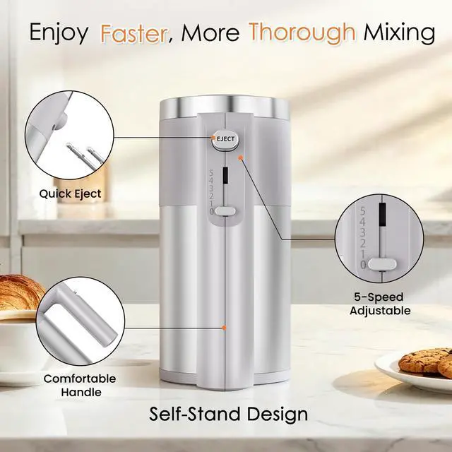 Alt view image 6 of 7 - Powerful 600W Hand Mixer, 5-Speed Electric Hand Held Mixer for Baking, Lightweight Stainless Steel Hand Beaters *2 & Dough Hooks*2 with Eject Button, Kitchen Mixer for Cream, Cookies, Dough-Grey