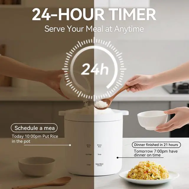 Alt view image 2 of 7 - Mini Rice Cooker, Small Electric Cooker 2 Cup Uncooked with 4 Cooking Functions, Ceramic Rice Cooker with 24 Hour Preset, Heat Preservation, Anti Scald Carry Handle