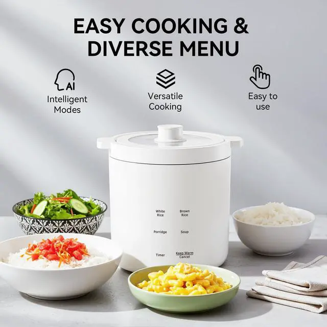 Alt view image 3 of 7 - Mini Rice Cooker, Small Electric Cooker 2 Cup Uncooked with 4 Cooking Functions, Ceramic Rice Cooker with 24 Hour Preset, Heat Preservation, Anti Scald Carry Handle