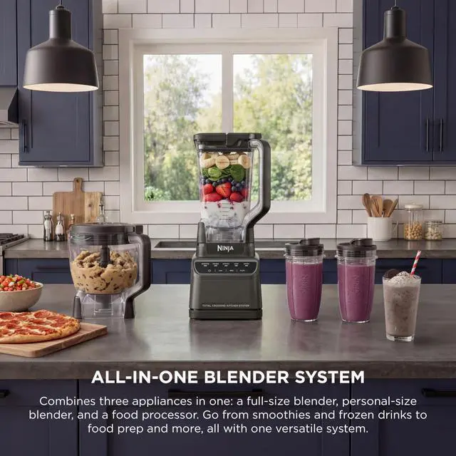 Alt view image 2 of 7 - Kitchen System | All-in-One for Smoothies, Frozen Drinks, Veggie Chopper & More | With Full-Size Pitcher, 8 Cup Food Processor Bowl, (2) 18 oz. Cups, | 1200 Watt | Dark Grey | BR601AMZ