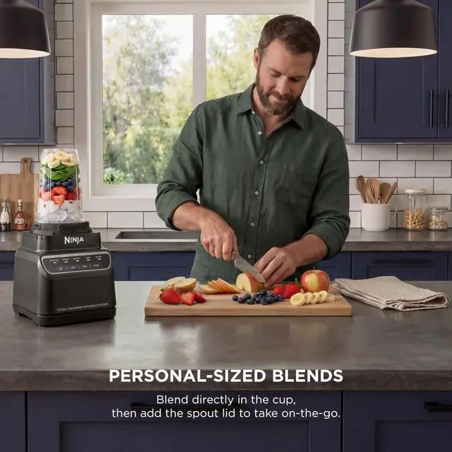 Alt view image 5 of 7 - Kitchen System | All-in-One for Smoothies, Frozen Drinks, Veggie Chopper & More | With Full-Size Pitcher, 8 Cup Food Processor Bowl, (2) 18 oz. Cups, | 1200 Watt | Dark Grey | BR601AMZ