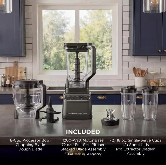 Alt view image 7 of 7 - Kitchen System | All-in-One for Smoothies, Frozen Drinks, Veggie Chopper & More | With Full-Size Pitcher, 8 Cup Food Processor Bowl, (2) 18 oz. Cups, | 1200 Watt | Dark Grey | BR601AMZ