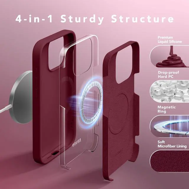 Alt view image 5 of 7 - for iPhone 15 Pro Max Case Silicone, Compatible with Magsafe, Camera Protector + Screen Protector, Soft Anti-Scratch Microfiber Lining, Liquid Silicone Shockproof Phone Cover, Maroon