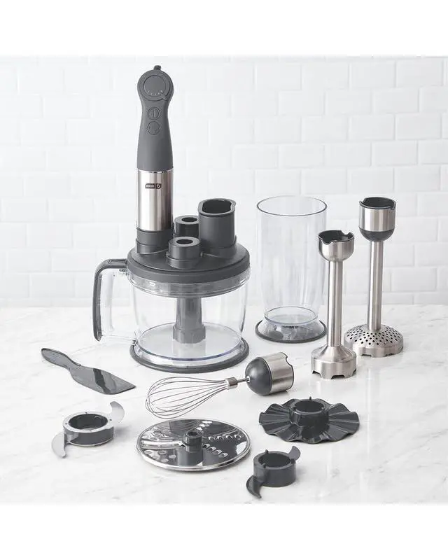 Alt view image 3 of 7 - Chef Series Deluxe Immersion Hand Blender, 5 Speed Stick Blender with Stainless Steel Blades, Dough Hooks, Food Processor, Grate, Mash, Slice, Whisk Attachments and Recipe Guide Cool Grey