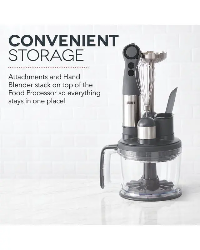 Alt view image 7 of 7 - Chef Series Deluxe Immersion Hand Blender, 5 Speed Stick Blender with Stainless Steel Blades, Dough Hooks, Food Processor, Grate, Mash, Slice, Whisk Attachments and Recipe Guide Cool Grey