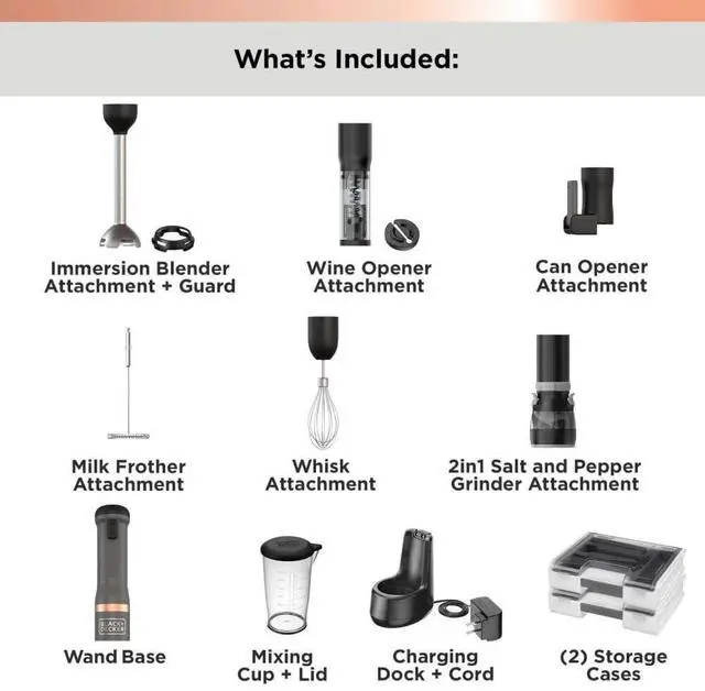 Alt view image 2 of 7 - Kitchen Wand Cordless Immersion Blender, 6 in 1 Multi Tool Set, Hand Blender with Charging Dock, Grey (BCKM1016KS01)