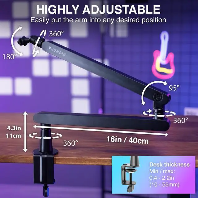 Alt view image 6 of 7 - SA-30 LP Low Profile Microphone Boom Arm, 360° Rotatable Mic Stand, Low Profile Microphone arm for streaming with Cable Management, Professional Mic Arm, Mic Boom Arm Black