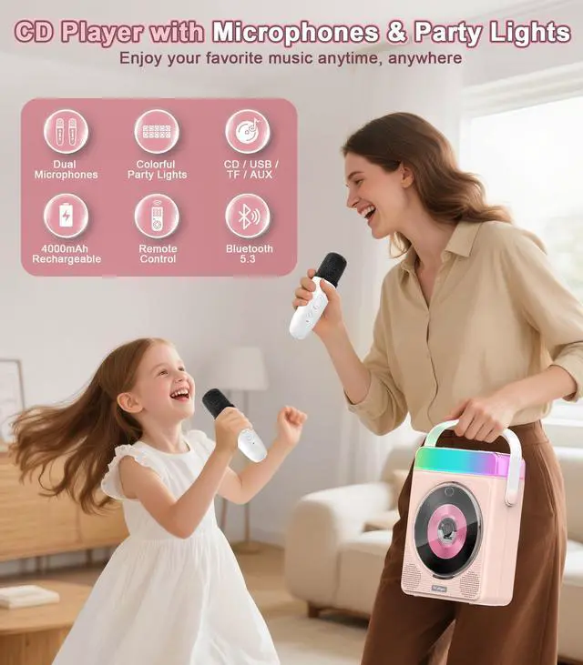 Alt view image 2 of 7 - Portable Bluetooth CD Player with Dual Karaoke Microphones & LED Lights, 4000mAh Rechargeable CD Player with Speakers, USB/TF/AUX Music Player, Kids Karaoke Machine for Home, Outdoor, Parties (Pink)