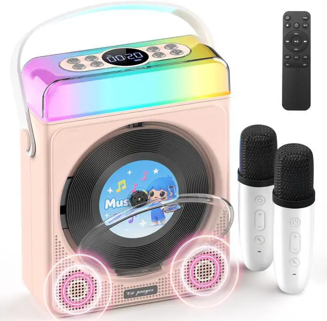 Main image of Portable Bluetooth CD Player with Dual Karaoke Microphones & LED Lights, 4000mAh Rechargeable CD Player with Speakers, USB/TF/AUX Music Player, Kids Karaoke Machine for Home, Outdoor, Parties (Pink)