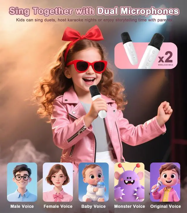 Alt view image 3 of 7 - Portable Bluetooth CD Player with Dual Karaoke Microphones & LED Lights, 4000mAh Rechargeable CD Player with Speakers, USB/TF/AUX Music Player, Kids Karaoke Machine for Home, Outdoor, Parties (Pink)