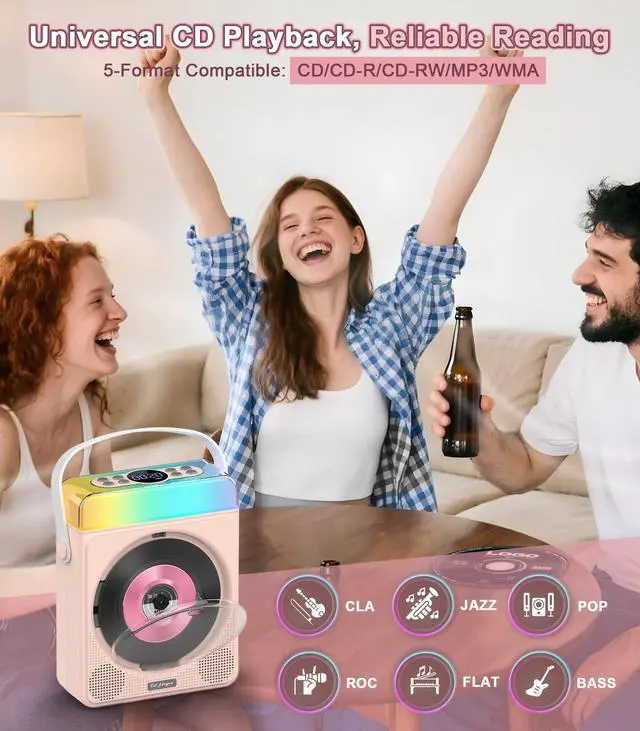 Alt view image 4 of 7 - Portable Bluetooth CD Player with Dual Karaoke Microphones & LED Lights, 4000mAh Rechargeable CD Player with Speakers, USB/TF/AUX Music Player, Kids Karaoke Machine for Home, Outdoor, Parties (Pink)