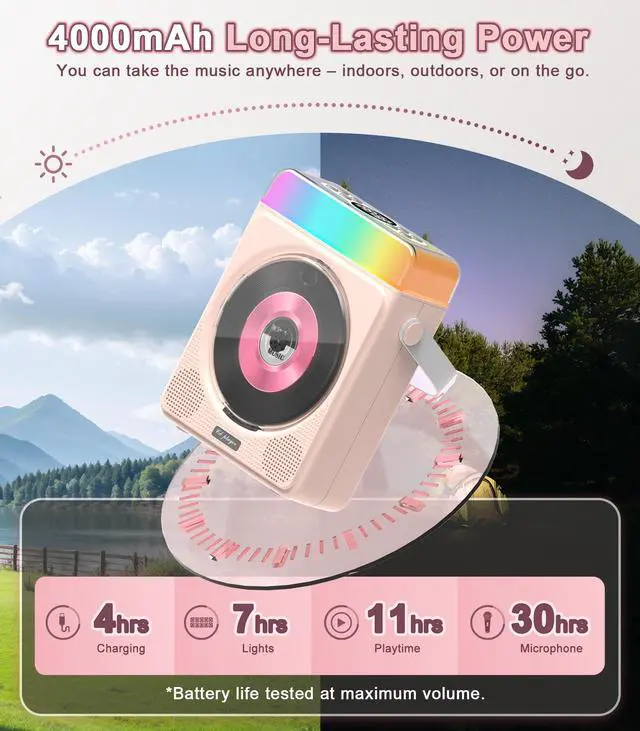 Alt view image 6 of 7 - Portable Bluetooth CD Player with Dual Karaoke Microphones & LED Lights, 4000mAh Rechargeable CD Player with Speakers, USB/TF/AUX Music Player, Kids Karaoke Machine for Home, Outdoor, Parties (Pink)