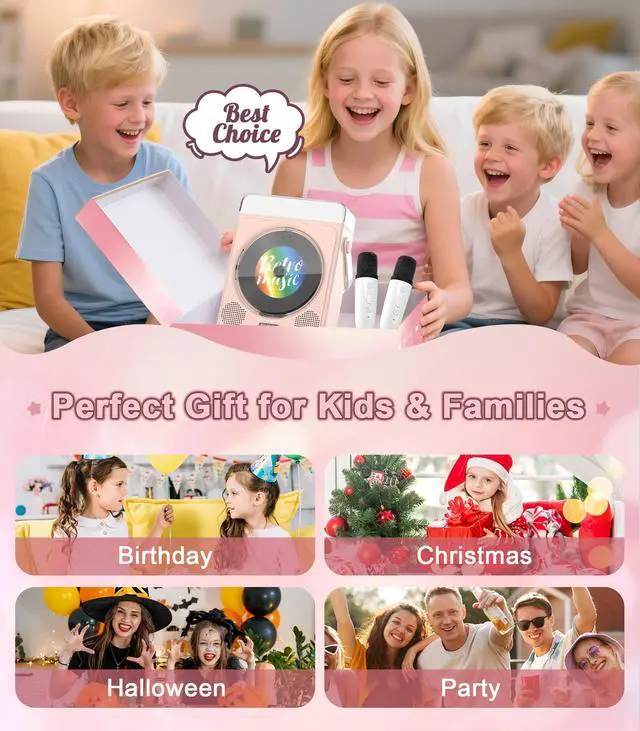 Alt view image 7 of 7 - Portable Bluetooth CD Player with Dual Karaoke Microphones & LED Lights, 4000mAh Rechargeable CD Player with Speakers, USB/TF/AUX Music Player, Kids Karaoke Machine for Home, Outdoor, Parties (Pink)