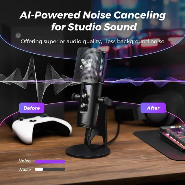 Alt view image 4 of 7 - USB Gaming Microphone for PC with Noise Canceling/RGB Light/Quick Mute/Gain/Headphones Jack/Pop Filter, Desktop Condenser Microphone for Stream/Record/Podcast/PS5/PS4/Twitch/YouTube (AM35U)