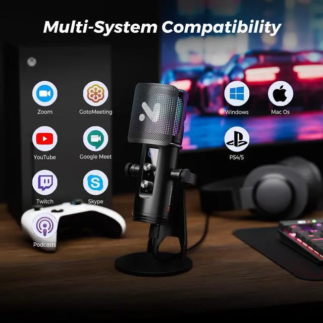 Alt view image 7 of 7 - USB Gaming Microphone for PC with Noise Canceling/RGB Light/Quick Mute/Gain/Headphones Jack/Pop Filter, Desktop Condenser Microphone for Stream/Record/Podcast/PS5/PS4/Twitch/YouTube (AM35U)