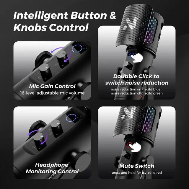 Alt view image 5 of 7 - USB Gaming Microphone for PC with Noise Canceling/RGB Light/Quick Mute/Gain/Headphones Jack/Pop Filter, Desktop Condenser Microphone for Stream/Record/Podcast/PS5/PS4/Twitch/YouTube (AM35U)