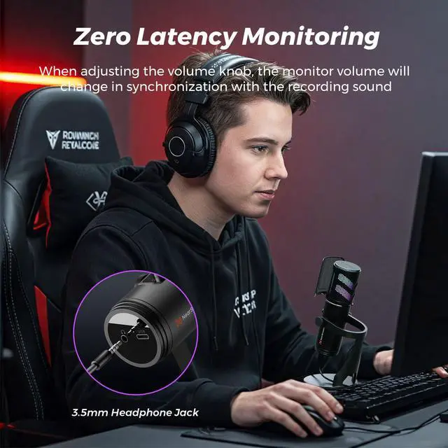 Alt view image 6 of 7 - USB Gaming Microphone for PC with Noise Canceling/RGB Light/Quick Mute/Gain/Headphones Jack/Pop Filter, Desktop Condenser Microphone for Stream/Record/Podcast/PS5/PS4/Twitch/YouTube (AM35U)