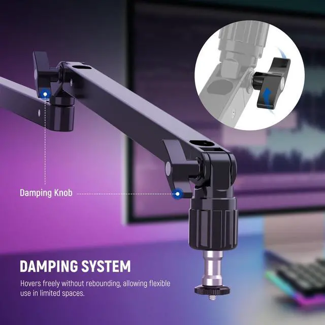 Alt view image 2 of 7 - Low Profile Mic Arm Desk Stand Mount with Damping, 360° Swivel Articulating Boom Arms with Heighten Pole & Cable Management Channels for Microphone Podcast Gaming Streaming Zoom Calls, MST002