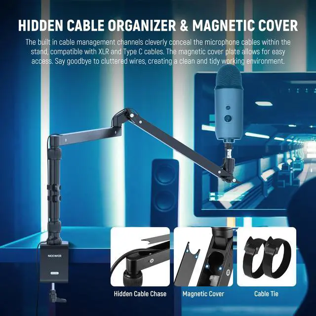 Alt view image 6 of 7 - Low Profile Mic Arm Desk Stand Mount with Damping, 360° Swivel Articulating Boom Arms with Heighten Pole & Cable Management Channels for Microphone Podcast Gaming Streaming Zoom Calls, MST002