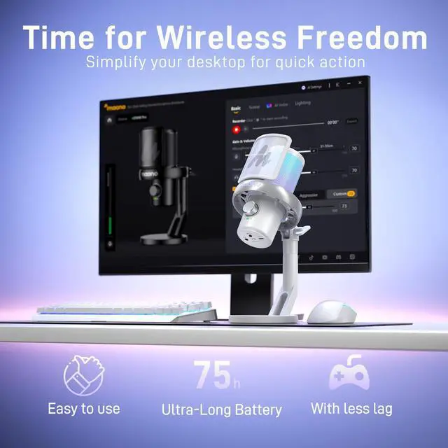 Alt view image 2 of 7 - Wireless Gaming Microphone for PC, Condenser USB Mic with AI Voice Change, Noise Cancellation, RGB, Gain Control, Custom EQ for Streaming Recording Podcast PS5 PS4 Twitch YouTube, DM40 Pro White