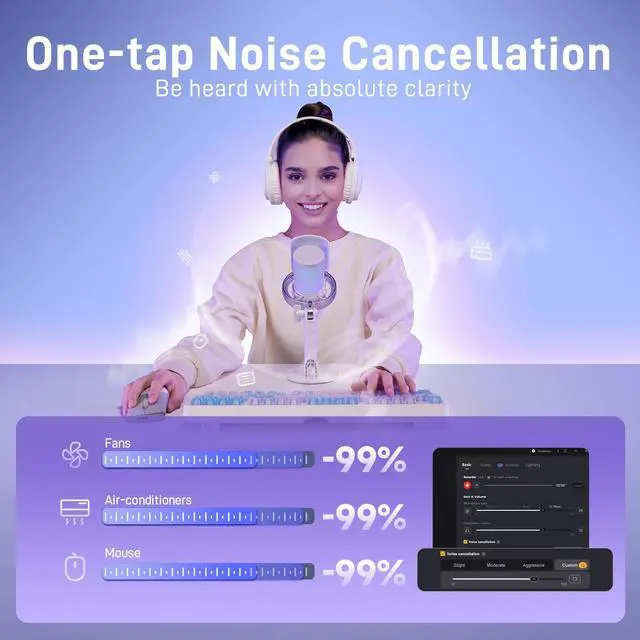 Alt view image 3 of 7 - Wireless Gaming Microphone for PC, Condenser USB Mic with AI Voice Change, Noise Cancellation, RGB, Gain Control, Custom EQ for Streaming Recording Podcast PS5 PS4 Twitch YouTube, DM40 Pro White
