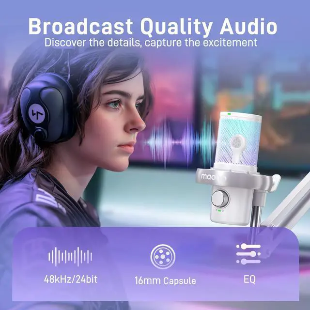 Alt view image 6 of 7 - Wireless Gaming Microphone for PC, Condenser USB Mic with AI Voice Change, Noise Cancellation, RGB, Gain Control, Custom EQ for Streaming Recording Podcast PS5 PS4 Twitch YouTube, DM40 Pro White