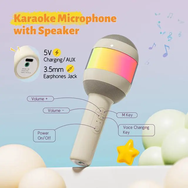 Alt view image 3 of 7 - Karaoke Machine for Kids Adults, Portable Bluetooth Microphone Song Toys with LED Light, Best Chritmas Birthday Festival Party Gift for 3 4 5 6 7 8 9 10 11 12+ Year Old Girls Boys (Beige)