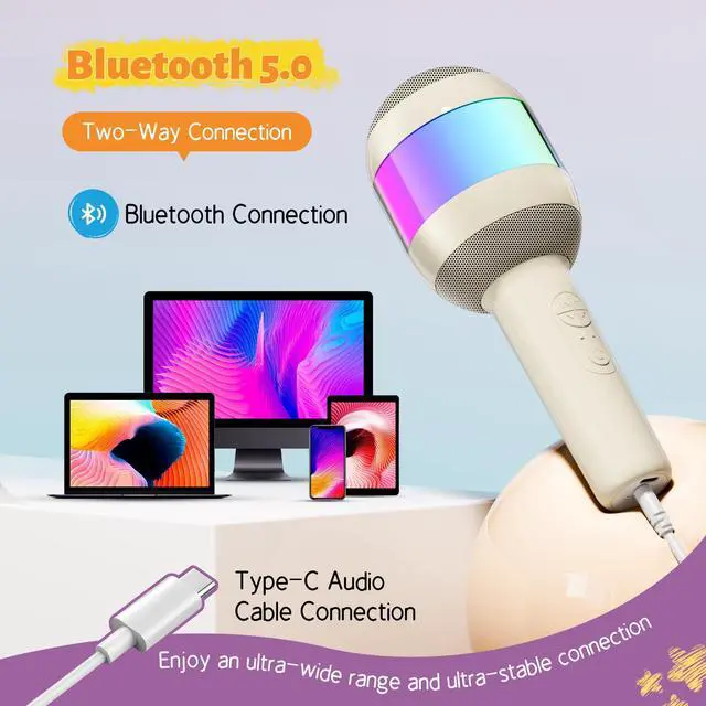 Alt view image 6 of 7 - Karaoke Machine for Kids Adults, Portable Bluetooth Microphone Song Toys with LED Light, Best Chritmas Birthday Festival Party Gift for 3 4 5 6 7 8 9 10 11 12+ Year Old Girls Boys (Beige)