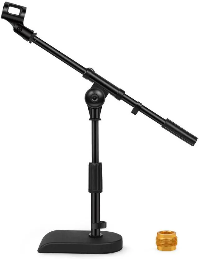 Main image of Adjustable Desk Microphone Stand, Weighted Base with Soft Grip Twist Clutch, Boom Arm, 3/8/'' and 5/8/'' Threaded Mounts for Blue Yeti and Blue Snowball, Kick Drums, Guitar Amps, Black