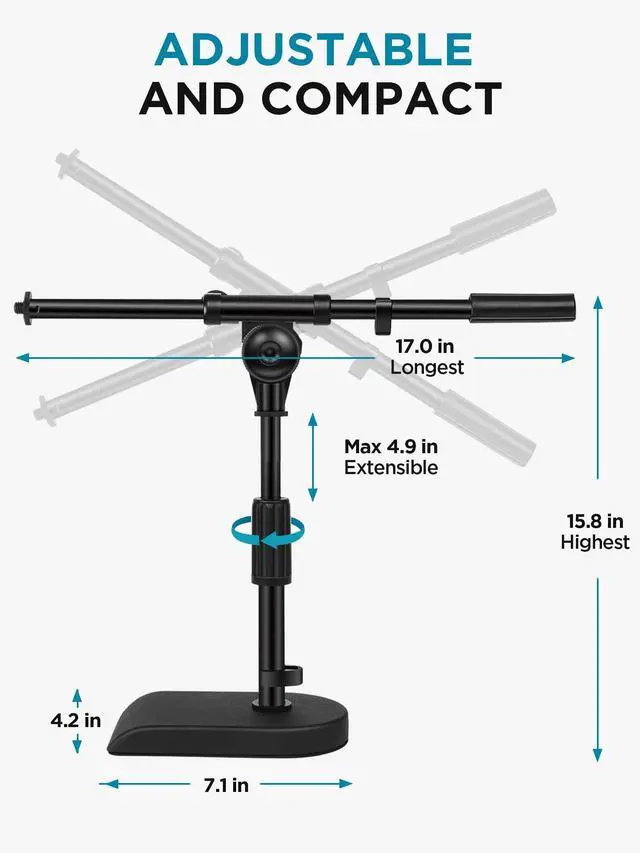Alt view image 7 of 7 - Adjustable Desk Microphone Stand, Weighted Base with Soft Grip Twist Clutch, Boom Arm, 3/8/'' and 5/8/'' Threaded Mounts for Blue Yeti and Blue Snowball, Kick Drums, Guitar Amps, Black