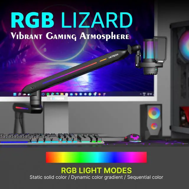 Alt view image 2 of 7 - RGB Low Profile Boom Arm for Mic, Adjustable Microphone Arm Stand with Desk Mount Clamp, Rotatable Microphone Boom Arm Mic Stand with Cable Management for Podcast Streaming Gaming Studio.