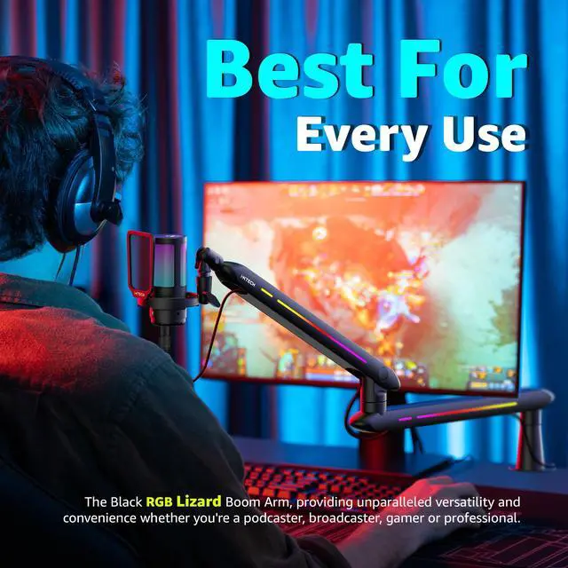 Alt view image 5 of 7 - RGB Low Profile Boom Arm for Mic, Adjustable Microphone Arm Stand with Desk Mount Clamp, Rotatable Microphone Boom Arm Mic Stand with Cable Management for Podcast Streaming Gaming Studio.