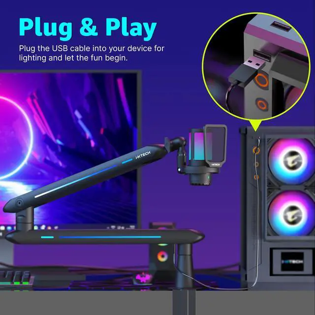 Alt view image 6 of 7 - RGB Low Profile Boom Arm for Mic, Adjustable Microphone Arm Stand with Desk Mount Clamp, Rotatable Microphone Boom Arm Mic Stand with Cable Management for Podcast Streaming Gaming Studio.