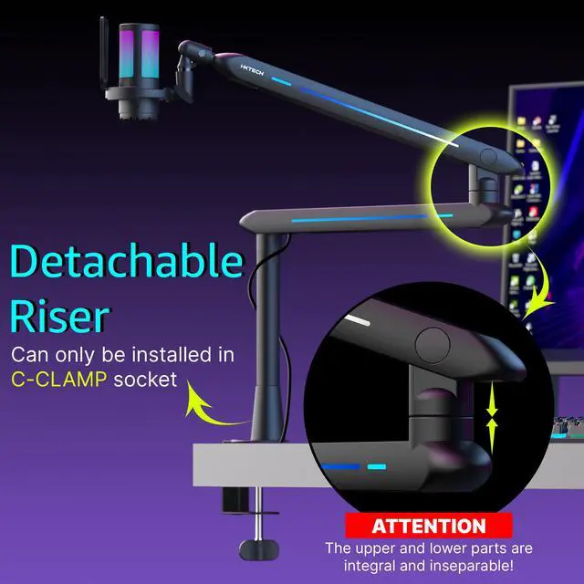 Alt view image 7 of 7 - RGB Low Profile Boom Arm for Mic, Adjustable Microphone Arm Stand with Desk Mount Clamp, Rotatable Microphone Boom Arm Mic Stand with Cable Management for Podcast Streaming Gaming Studio.