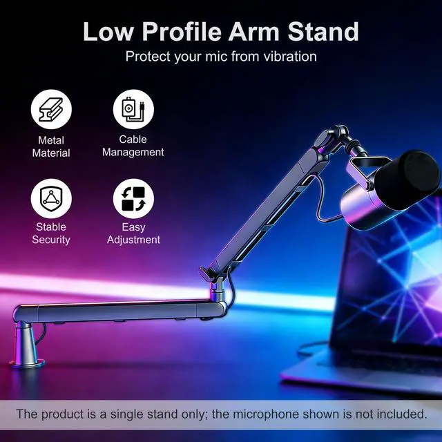 Alt view image 2 of 7 - Microphone Boom Arm - Heavy Duty Low Profile Metal Mic Arm Stand with Desk Clamp & Cable Management, 360° Rotatable, Fits Shure SM7B/MV7, Blue Yeti, Fifine AM8, AT2020 for Podcasting & Gaming