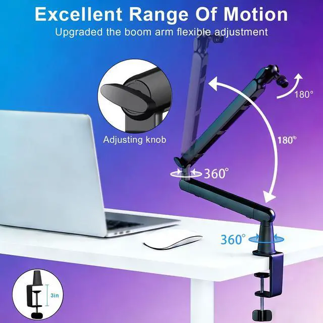 Alt view image 5 of 7 - Microphone Boom Arm - Heavy Duty Low Profile Metal Mic Arm Stand with Desk Clamp & Cable Management, 360° Rotatable, Fits Shure SM7B/MV7, Blue Yeti, Fifine AM8, AT2020 for Podcasting & Gaming
