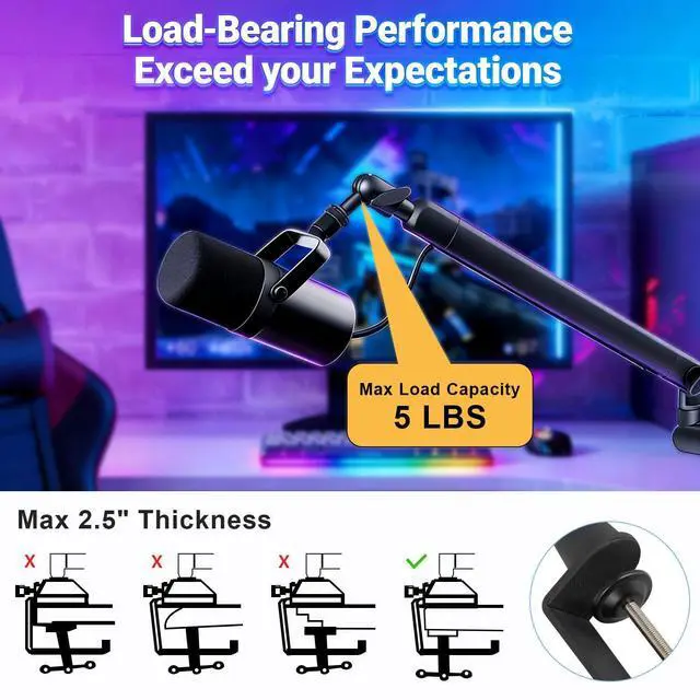 Alt view image 6 of 7 - Microphone Boom Arm - Heavy Duty Low Profile Metal Mic Arm Stand with Desk Clamp & Cable Management, 360° Rotatable, Fits Shure SM7B/MV7, Blue Yeti, Fifine AM8, AT2020 for Podcasting & Gaming