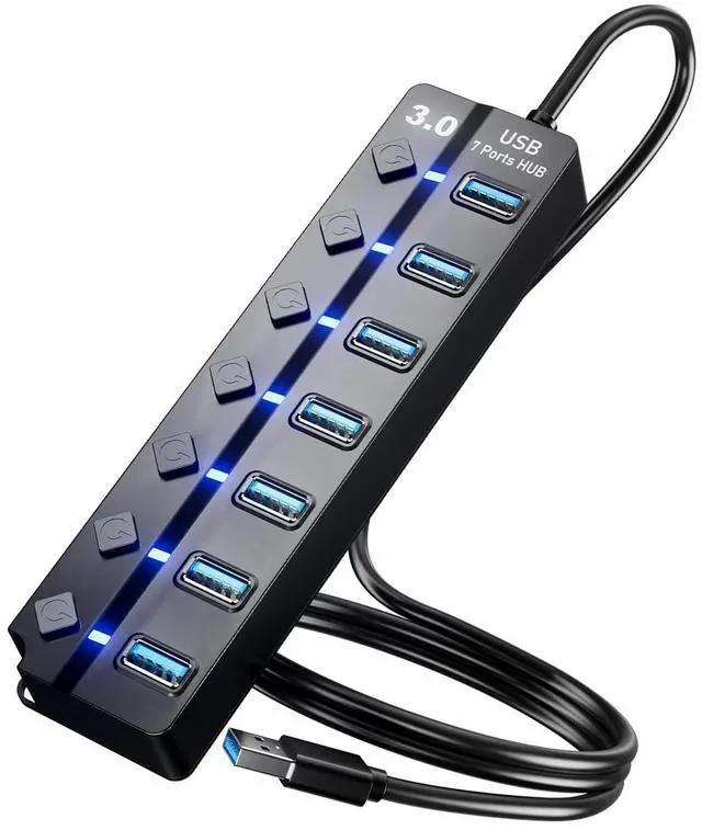 Main image of USB Hub for Laptop, SNLLMZI 7-Port USB 3.0 Hub Splitter with Individual On/Off Switches and Lights, 4ft/1.2m Long Cable Compatible for Laptop,PC Computer,Surface Pro,PS4/5,Flash Drive,Mobile HDD,etc.