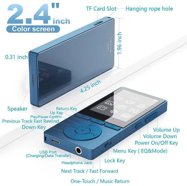 Alt view image 3 of 7 - 64GB MP3 Player with Bluetooth 5.3, Color Screen 2.4", Music Player with HiFi Sound, MP3 Players Built in HD Speaker Voice Recorder E-Book, Expanded Up to 128GB, Earphone Included, for Sports Runner