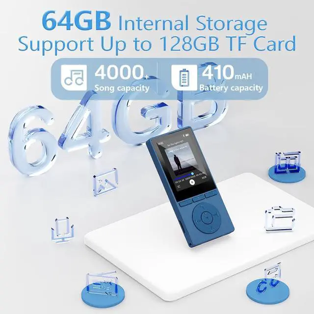 Alt view image 4 of 7 - 64GB MP3 Player with Bluetooth 5.3, Color Screen 2.4", Music Player with HiFi Sound, MP3 Players Built in HD Speaker Voice Recorder E-Book, Expanded Up to 128GB, Earphone Included, for Sports Runner
