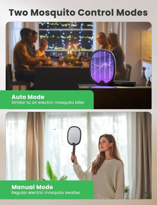 Alt view image 7 of 7 - Electric Fly Swatter Foldable Bug Zapper Racket 2 in 1 Mosquito Killer with Attractant Light Rechargeable 1800mAh for Indoor Home Backyard Patio Camping